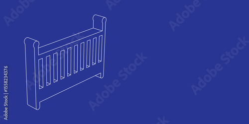 The outline of a large baby cot symbol made of white lines on the left. 3D view of the object in perspective. Vector illustration on indigo background