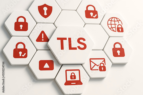 3D hexagonal grid with red security icons and central TLS text, featuring modern flat design elements symbolizing encrypted communication and network protection, TLS, Transport Layer Security, net
