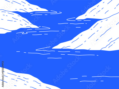 A tranquil artistic rendering of the ocean's cerulean embrace, flanked by pristine, snow-capped mountain ridges.