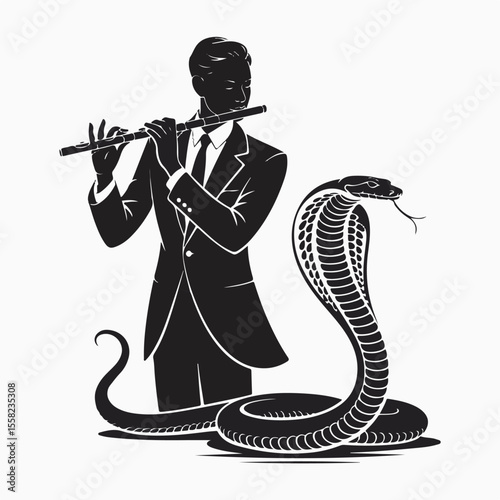 A man in a suit playing the flute entrancing a cobra snake illustration