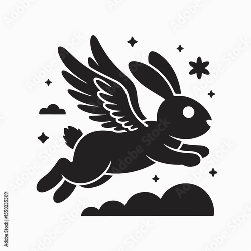 A stylized black flying rabbit illustration with wings amidst stars and clouds.