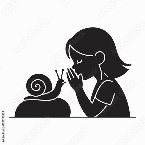 A young girl whispering secrets to a curious snail in a simple black and white illustration