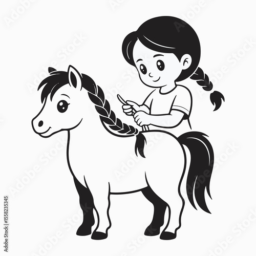 Adorable girl braiding a pony's mane in a delightful black and white vector illustration
