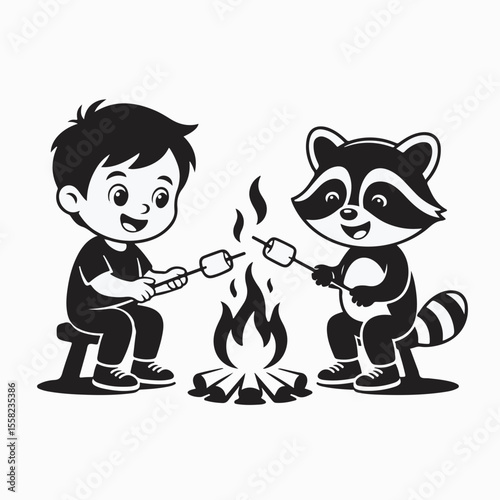 Cartoon illustration of a boy and a raccoon roasting marshmallows over a campfire