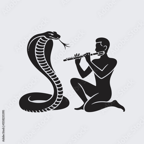 Illustration of a cobra snake charming scene featuring a flute player and cobra silhouette