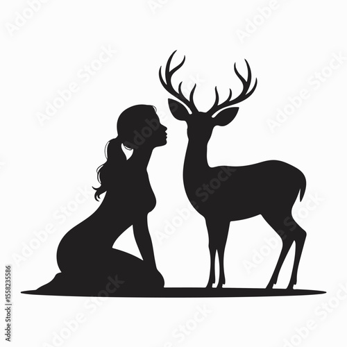 Silhouette of a woman kneeling and gazing at a majestic deer on a white background