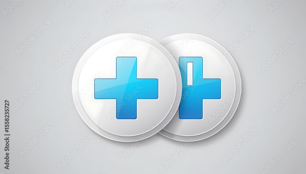 Obraz premium Two round white icons with blue plus symbols overlapping on a light gray background image design