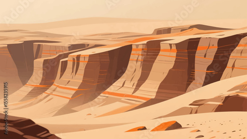 Cartoon hand-drawn game scene vector illustrations, flat style graphic design, deserts, sand dunes, rocks, natural landscapes