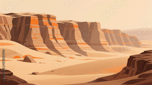 Cartoon hand-drawn game scene vector illustrations, flat style graphic design, deserts, sand dunes, rocks, natural landscapes