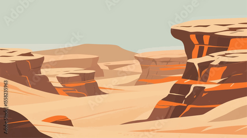 Cartoon hand-drawn game scene vector illustrations, flat style graphic design, deserts, sand dunes, rocks, natural landscapes