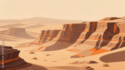 Cartoon hand-drawn game scene vector illustrations, flat style graphic design, deserts, sand dunes, rocks, natural landscapes