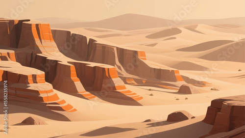 Cartoon hand-drawn game scene vector illustrations, flat style graphic design, deserts, sand dunes, rocks, natural landscapes