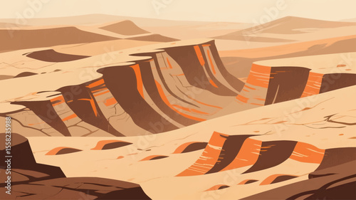 Cartoon hand-drawn game scene vector illustrations, flat style graphic design, deserts, sand dunes, rocks, natural landscapes