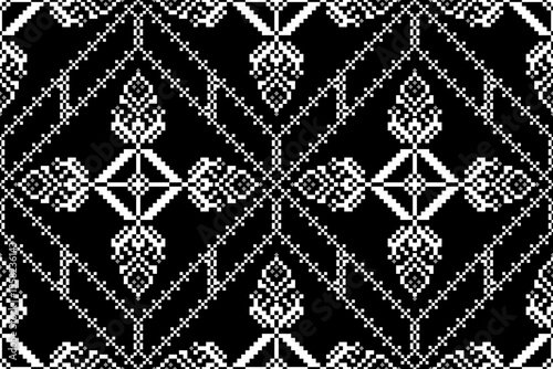 Monochromatic Ebony , Ivory Pixel Ethnic Seamless Pattern Intricate seamless pattern in ebony ,ivory, featuring pixelated ethnic and geometric motifs. Ideal for textiles, apparel,abstract digital art