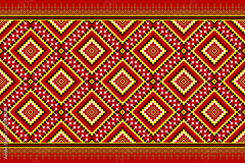 Fiery Crimson,Goldenrod Pixel Ethnic,Seamless Pattern,Vibrant seamless pattern,crimson red ,goldenrod yellow,pixelated ethnic,eometric motifs. Ideal for textile designs, apparel,cultural ar