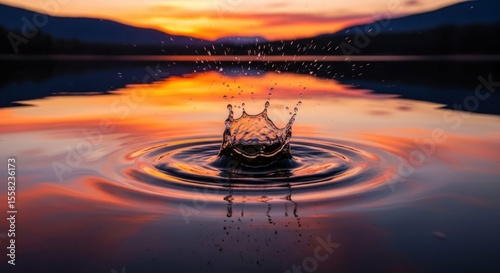Water drop on lake reflecting sunset sky in peaceful landscape