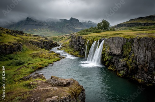 Majestic Waterfall Cascading into a Serene River Surrounded by Rugged Mountains and Lush Greenery under a Dramatic Cloudy Sky