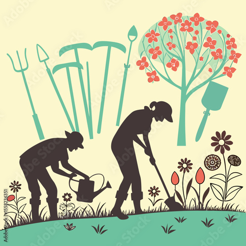 Silhouettes of two people gardening with watering can shovel and various gardening tools surrounding a blooming tree and flowers