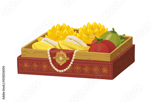 Traditional offering tray with flowers fruits and sacred pearl necklace for religious ceremonies