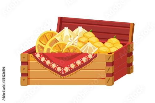 Wooden crate filled with fresh lemons slices and whole lemons decorated with red cloth
