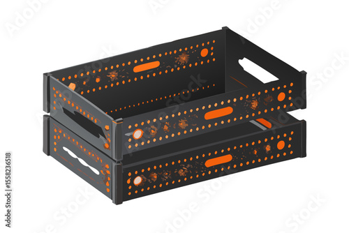 Two stacked dark gray plastic crates with orange accents and perforated sides on a black background