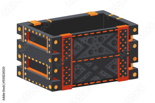 Futuristic industrial storage crate with orange accents and rivets on black background