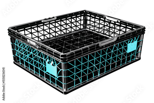 Modern black plastic crate with bright blue accents and open lattice design