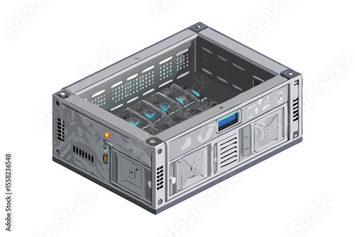 Modern server rack with multiple gpus and cooling fans on a black background