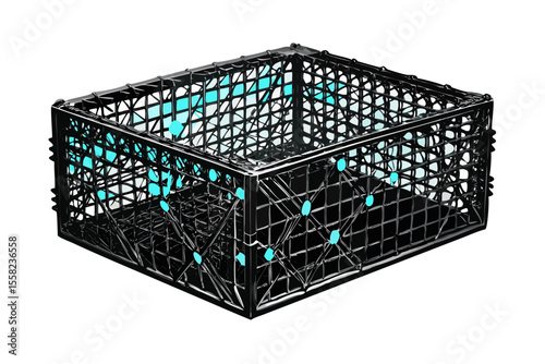 Futuristic glowing geometric structure with interconnected nodes on a black background