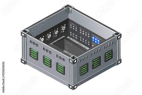 Futuristic isometric view of an empty server rack with glowing green data panels and blue screen