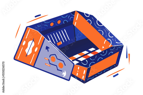 Abstract geometric illustration of an open box with colorful patterns and technological elements