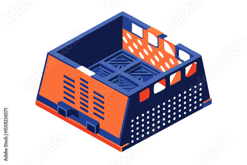 Modern isometric 3d rendered orange and blue crate with perforated sides and internal structure