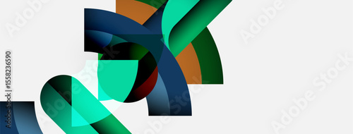 Abstract shapes overlap, creating dynamic composition. Teal, blue, brown hues dominate white background. Modern design elements present.