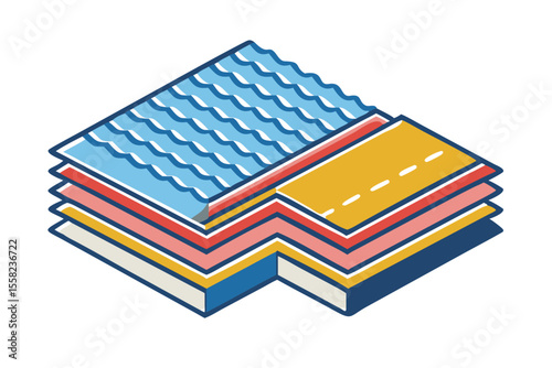 Isometric illustration of layered construction materials including roofing and road surface