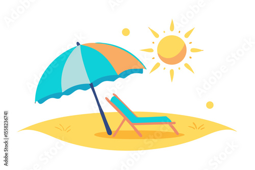 Bright sunny day on a sandy beach with umbrella and lounge chair