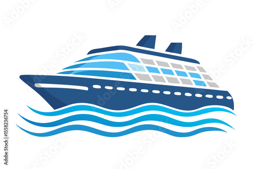Stylized blue cruise ship sailing on wavy blue water with black background