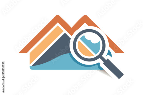 Magnifying glass examining colorful abstract mountain landscape under a roof shape