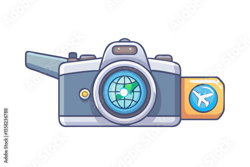 Cartoon camera with globe and airplane icons symbolizing travel and photography concepts