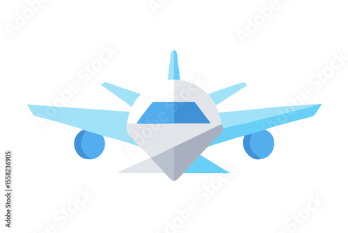 Stylized front view of a modern jet airplane with blue and white colors