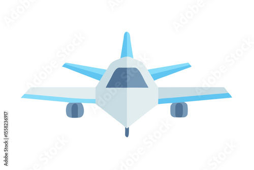Modern jet airplane with blue accents viewed from the front against a black background