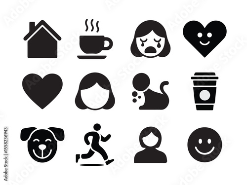 Set of Simple Black and White Icons Representing Everyday Objects and Emotions