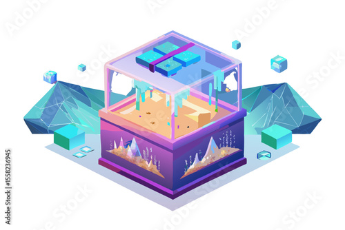 Futuristic isometric cube structure with ice and crystal elements in neon colors