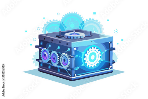 Futuristic glowing blue machine with intricate gears and digital elements on a black background