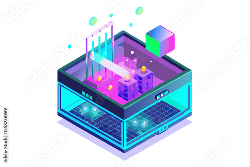 Futuristic isometric laboratory with glowing neon lights and colorful abstract elements