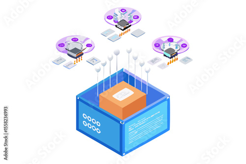 Abstract isometric illustration of data processing and analysis with interconnected nodes and central processing unit