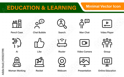 Education set of web icons in line style. Learning icons for web and mobile app. E-learning, video tutorial, knowledge, study, school, university, webinar, online education.