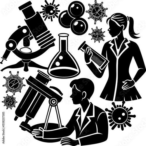 Scientists in laboratory coats examining microscopic organisms and viruses with microscopes and test tubes in a circular composition with scientific equipment