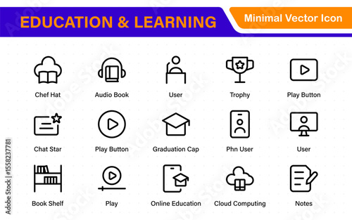 Education set of web icons in line style. Learning icons for web and mobile app. E-learning, video tutorial, knowledge, study, school, university, webinar, online education.