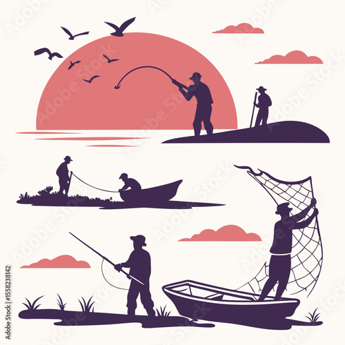 Silhouettes of fishermen engaged in various activities like casting lines reeling in catches and preparing nets during a scenic sunset with birds flying overhead