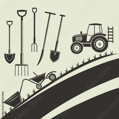 Collection of agricultural tools including shovels pitchforks a wheelbarrow and a tractor on a stylized farm field with rolling hills and grass